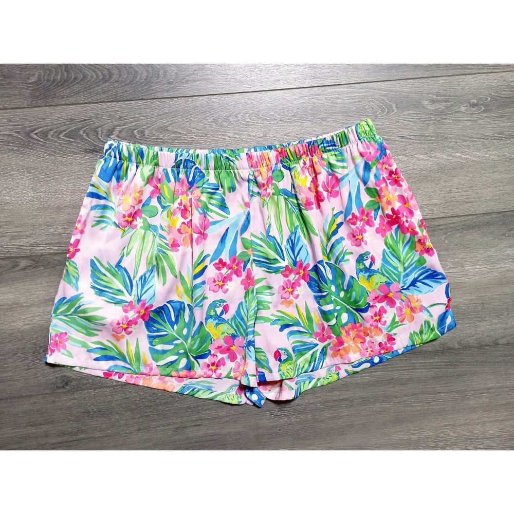 Van Winkle & Co Pajama Satin Shorts Adult Size Large Pink Tropical Bird Womens